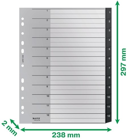 Tabblad Leitz Recycle A4 11-gaats 1-12 extra breed PP-2