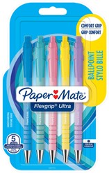 Balpen Paper Mate Flexgrip Ultra pastel medium schrijfkleur blauw blister à 5 stuks