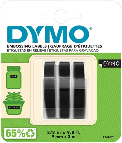 Labeltape Dymo 3D 9mmx3m  wit op zwart blister à 3 stuks