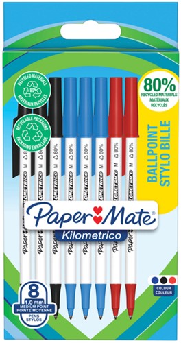 Balpen Paper Mate Kilometrico Recycled medium assorti blister à 8 stuks