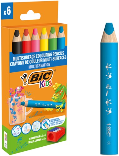 Kleurpotloden BicKids Multi Surface inclusief puntenslijper assorti pak à 6 stuks-1