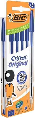 Balpen Bic Cristal medium blauw blister à 5 stuks-2