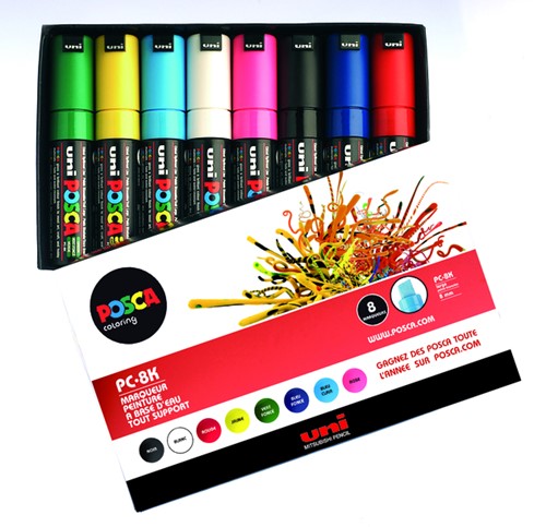 Verfstift Posca PC8K breed schuin assorti set à 8 stuks