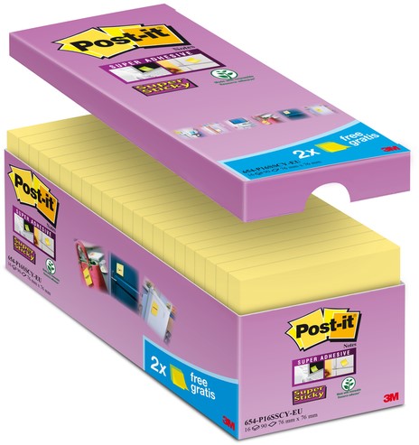 Memoblok Post-it 654 Super Sticky 76x76mm geel 14+2 gratis