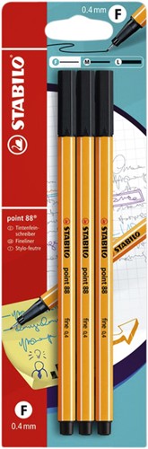 Fineliner STABILO point 88 fijn zwart blister à 3 stuks