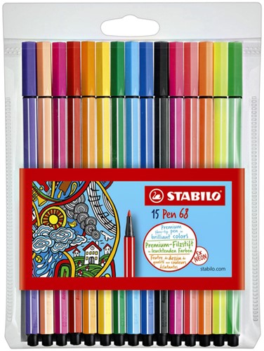 Viltstift STABILO Pen 68/15 medium assorti etui à 10+5 neon kleuren