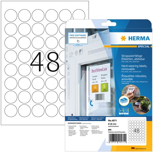 Etiket HERMA 4571 30mm rond folie wit 960stuks
