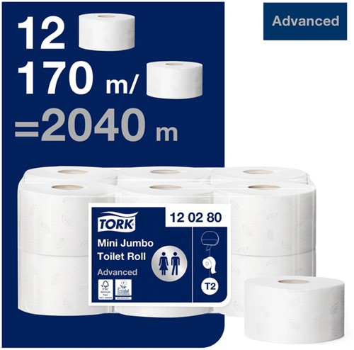 Toiletpapier Tork Mini Jumbo T2 advanced 2-laags 12 rollen wit 120280-3