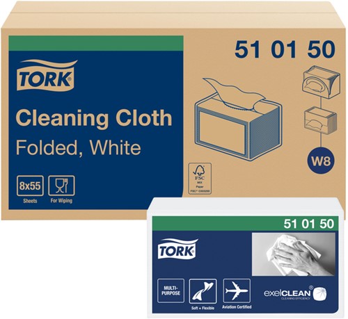 Reinigingsdoek Tork Cleaning W8  zacht flexibel nonwoven 55 vel wit 510150