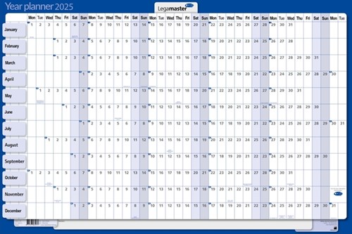 Jaarplanner 2025 Legamaster 90x60cm horizontaal gelamineerd en oprolbaar Engelstalig