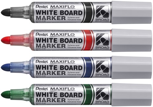 Viltstift Pentel MWL5M Maxiflo whiteboard rond 3mm assorti set à 4 stuks-3
