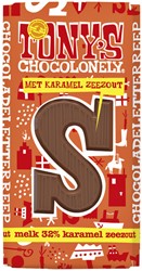 Chocoladeletter Tony's Chocolonely melk karamel zeezout S 180gr