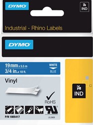 Labeltape Dymo Rhino 18054 19mmx5.5m vinyl wit op blauw