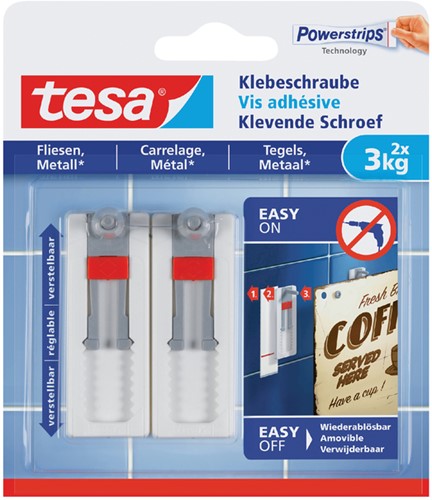 Klevende schroef tesa® tegels & metaal 3kg verstelbaar wit 2 stuks