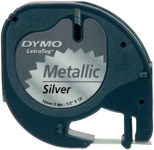 Labeltape Dymo letratag 91208 12mmx4m metallic zwart op zilver-1